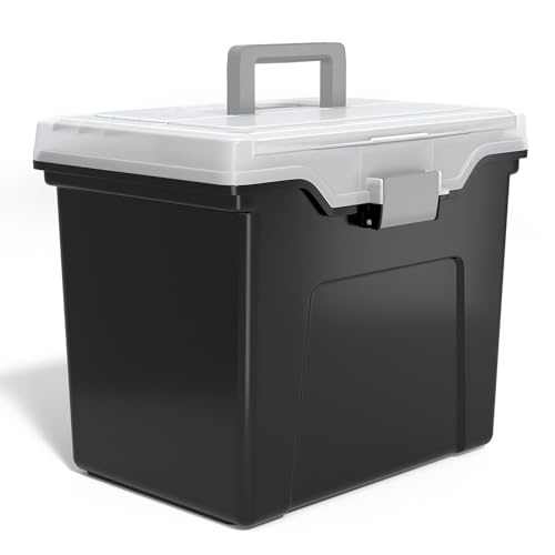 STAPLES File Folder Tote, Portable Filing Box for Letter SIze Hanging Folders, Security Latch & Built-In Lid Organizer, Black/Clear - color: Black, size: 1 Pack, style: Portable