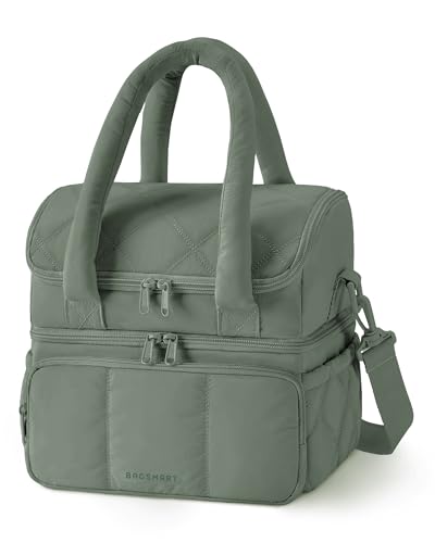 BAGSMART Lunch Bag Women, Double Deck Insulated Lunch Box, Quilted Puffer Lunch Tote, Leakproof, Durable & Reusable Large Lunch Cooler For Work Picnic Travel Meal Prep, Olive Green - color: Olive Green, size: Large(double deck)