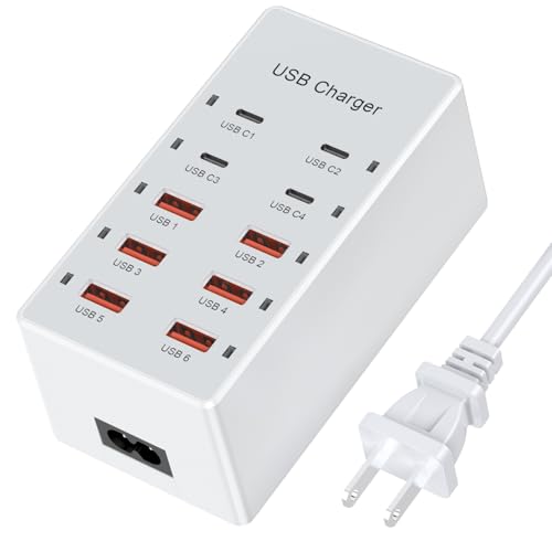 USB C Charging Station Cell Phone Wall Charger 10Ports USBC Fast Charging Power Hub Cube 4 USB C 6 USB A Charger Block Power Strip Dock Adapter for iPhone 15/14/13 iPad Android Smart Phones - color: White, size: 6 USB-A + 4 USB-C Ports