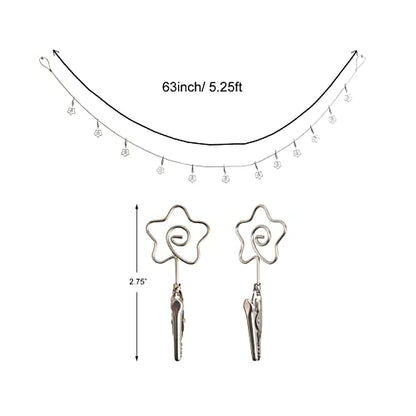 Multi-Purpose Steel Wall Hanging Photo Display Cable Wire Rod with 12 Adjustable Clips for Hanging Photos Notes Postcard and Artworks (Flower) - size: Flower