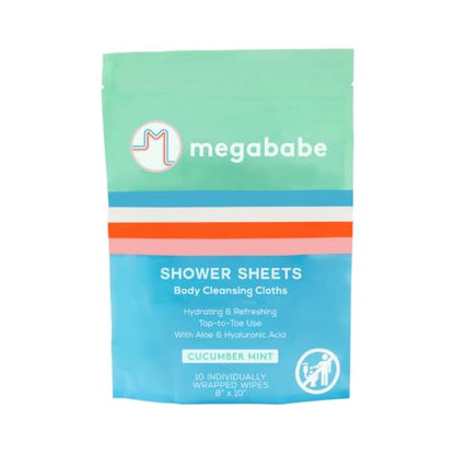 Megababe Cucumber Mint Shower Sheets | Summer and Hot Weather Essential | Individually Wrapped Body Cleansing Cloths | 10 Wipes (Pack of 1) - size: 10 Count (Pack of 1)
