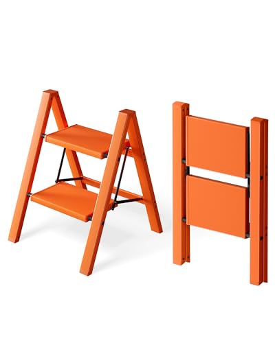 HillhutApex 2 Step Ladder, Lightweight Portable 2 Step Stool with Anti-Slip Wide Pedal, 330lbs Capacity Aluminum Ladder for Household,Office,Library(Orange) - color: Orange, size: 2 Step