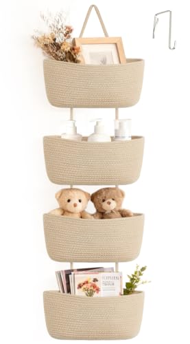 Dahey Over The Door Hanging Basket 4-Tier Woven Boho Wall Mounted Storage Organizer with Hooks for Bedroom Nursery Bathroom Apartments Dorm Pantry Decor, Jute - color: Jute, size: 4-Tier