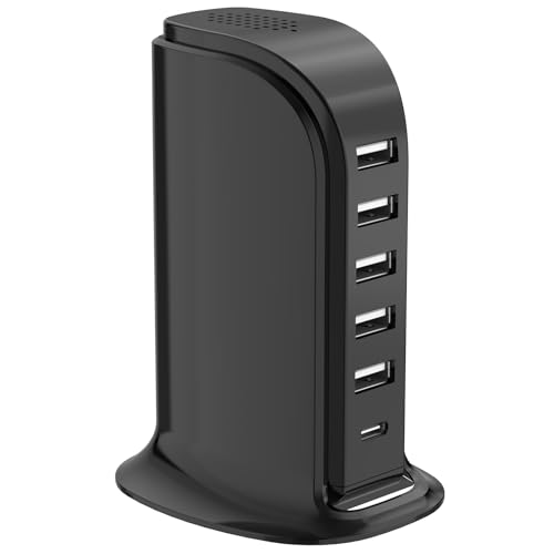 USB Charger Block with Type C, 6-Port Chargers for Multiple Devices, USB Charging Hub with Smart IC, Charger Station for Phone/Tablet/Gaming, Wall Charger Adapter Compact&Portable - color: black charging station