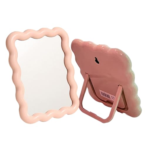 Table Makeup Mirrors Wavy Irregular Mirror Cloud for Desk Tabletop Vanity Mirror Hanging Wall Mirrors Desk Mirror with Bracket Home Decor Aesthetic Mirrors for Living Room Bedroom (Pink) - color: Pink