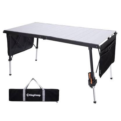KingCamp Folding Camping Table Foldable, 55.1" x27.6" Aluminum Roll Up Table with Adjustable Height 6-7 Person Large Camp Tables Outdoor with Carrying Bag for BBQ, Patio, Picnic Loads 265 Lbs - color: Silver/Black - 55.1"×27.6" - Adjustable Height, style: