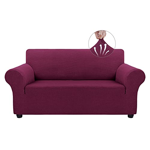 Asnomy Sofa Covers for 2 Cushion Couch Stretch loveseat Covers Slipcovers, Pet Protector Furniture Covers for Dogs Cats Spandex Jacquard Fabric Small Checks （Medium，Wine Red） - color: Wine Red, size: Medium