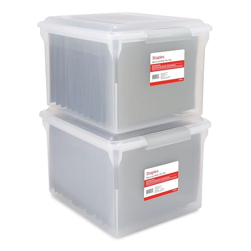 STAPLES Store & Slide Plastic File Box Latching, Letter/Legal Size, Clear, 2/Pack - color: Clear, size: 2 Pack, style: Box (Latch Lid)