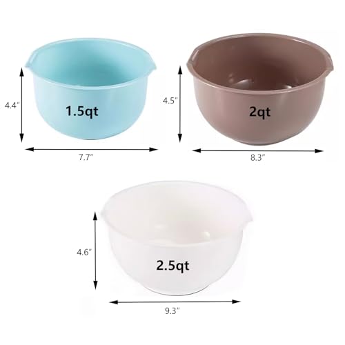 Nesting Plastic Mixing Bowls, Set Of 3, 1.5 quart, 2 quart, 2.5quart, Nesting Bowls with Non Slip Base and Easy Pour Spout, Dishwasher Safe - color: Blue Grey white