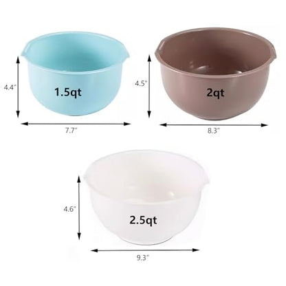 Nesting Plastic Mixing Bowls, Set Of 3, 1.5 quart, 2 quart, 2.5quart, Nesting Bowls with Non Slip Base and Easy Pour Spout, Dishwasher Safe - color: Blue Grey white