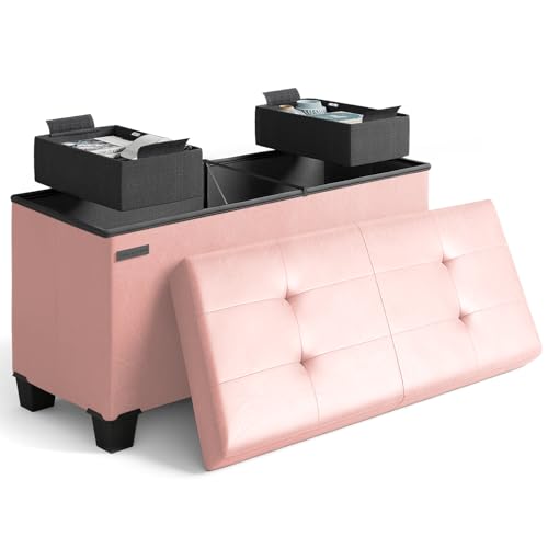 Storage Ottoman Bench with Bins, 30-in Storage Bench for Bedroom End of Bed, Folding Foot Rest Ottoman for Living Room Max 660lbs, Leather Ottomans, Pink - color: 10 - Pink