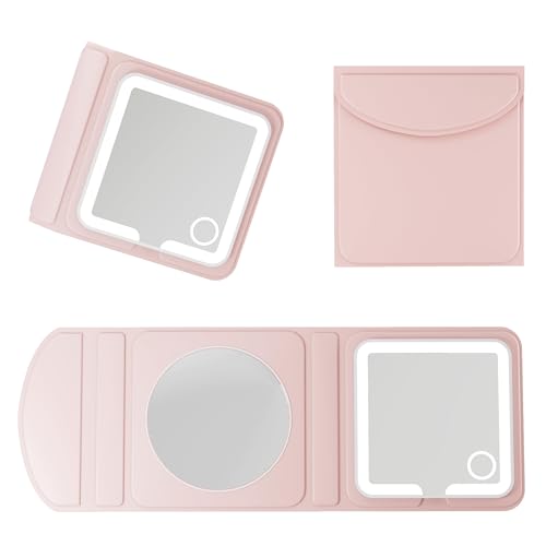 Amysmart Dual-Fold Makeup Mirror with Lights - 10X/5X Magnifying Mirror with Light, Dimmable Handheld Mirror, Compact Mirror, Rechargeable Travel Mirror for Purse & Pocket Use (Pink Dual-Fold) - color: Pink Dual-fold