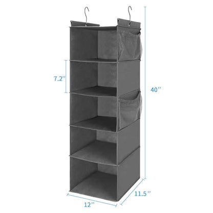 MAX Houser 5 Shelf Hanging Closet Organizer, Space Saver, Cloth Hanging Shelves with 4 Side Pockets, Foldable, Grey - color: Grey-6