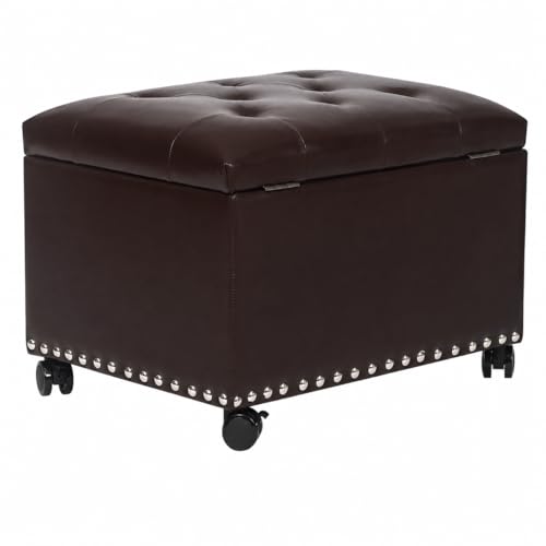 Leather Storage Ottoman, Vintage Brown, 24'' | Foot Rest with Wheels, Hinged Lid, Rectangle Upholstered, Nailhead Trim - color: Vintage Brown With Wheels