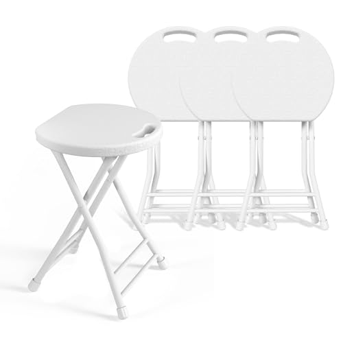Folding Stool, 18 Inch Foldable Stool with Handle & Steel Frame, Pack of 4 Folding Bar Stools, 440lbs Sturdy Foldable Lightweight Metal Chair for Camping, Indoor and Outdoor, White - color: White, size: 18-inch Pack of 4