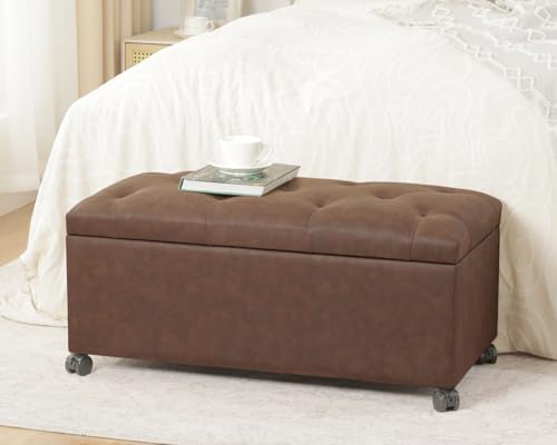 Joveco Storage Ottoman Bench 35" Faux-Leather Rectangular Tufted Ottomans Storage Room Organizer with Wheels(Matte Chocolate) - color: Matte Chocolate With Wheels