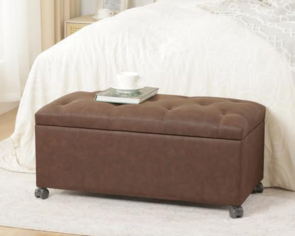 Joveco Storage Ottoman Bench 35" Faux-Leather Rectangular Tufted Ottomans Storage Room Organizer with Wheels(Matte Chocolate) - color: Matte Chocolate With Wheels