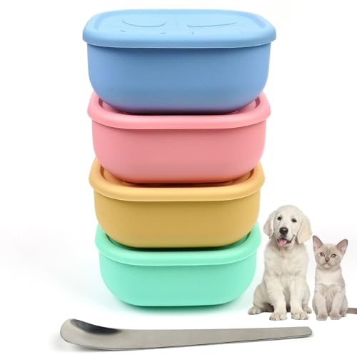 2ME Airtight Pet Wet Food Storage Containers with Lids (4-Pack, 12oz) - Silicone Meal Prep Kit for Dog & Cat Food - Freezer, Microwave & Dishwasher Safe - with Stainless Steel Scoop - size: 12oz Pack of 4