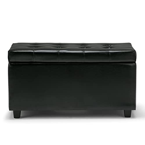 SIMPLIHOME Cosmopolitan Storage Ottoman - 34 inch Wide Upholstered Vegan Leather Rectangle Storage Ottoman Bench in Midnight Black, Transitional Tufted Ottoman for Living Room with Lift-Up Lid - color: Midnight Black
