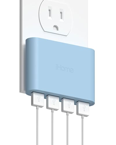 iHome Slim 4-Port USB Wall Charger, AC Pro Multiport Plug Adapter, Phone Charging Block with 4 Ports, Flat USB Wall Adapter for Home & Travel - color: Pastel Blue, size: 4-Port USB Charger
