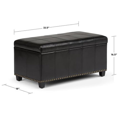 SIMPLIHOME Amelia Storage Ottoman - 33 inch Wide Vegan Leather Rectangle Storage Ottoman Bench in Midnight Black, Transitional Ottoman for Living Room with Nailhead Trim and Lift-Up Lid - color: Midnight Black