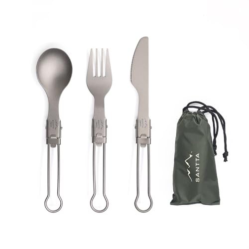 SANTTA Ultra Light Titanium Folding Cutlery Set Including Knife Fork Spoon with Bag for Backpacking, Hiking, Camping and Traveling - style: 3-pc set