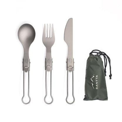 SANTTA Ultra Light Titanium Folding Cutlery Set Including Knife Fork Spoon with Bag for Backpacking, Hiking, Camping and Traveling - style: 3-pc set