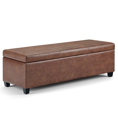 SIMPLIHOME Avalon Storage Ottoman Bench - 48" Wide x 16" High Upholstered Vegan Leather Rectangular Lift-Top Ottoman in Distressed Umber Brown, Contemporary Storage Bench with High-Density Foam - color: Distressed Umber Brown, size: 18"D x 48"W x 16"H