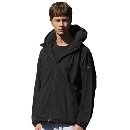 Pillowdy Travel Hoodie with Built-In Inflatable Neck Pillow for Flights - color: Black Windbreaker, size: Large