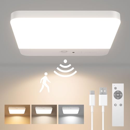 FULEN Motion Sensor Ceiling Light Fixture, Cordless Closet Light Battery Operated, Rechargeable Magnetic Mount LED Shower Light for Bathroom,Stairs,Garage,Hallway,3 Color Temperatures,Remote Control - size: 1 Pack