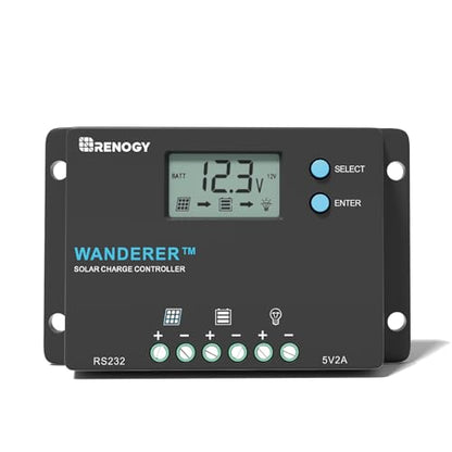 Renogy Wanderer 10A Solar Charge Controller - 12V/24V PWM Auto-Detect, LCD Display, USB & Lithium Support for RV Marine Off-Grid - size: 10A Standard