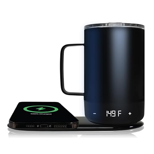 Brookstone Smart Self Heating Travel Mug & Wireless Phone Charging Station - 11 oz Temperature Control Heated Coffee Tumbler | 6Hr Battery for Continuous Warmth | Double-Wall Stainless Steel - Black - color: Black Mug