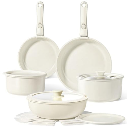 GiPP Ceramic Pots and Pans Set Non Stick, Nonstick Detachable Handle Cookware Sets, Healthy Non Toxic PFAS PFOA & PTFE Free, Dishwasher ＆Oven Safe, Induction Kitchen Pot and Pan, 15 Piece Cream - color: White, size: 15PCS 01