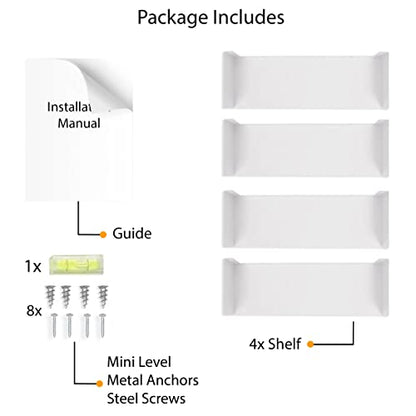 Wallniture Bali White Bookshelf and CD DVD Storage Shelf Set of 4, Metal Floating Book Shelves for Wall - color: White