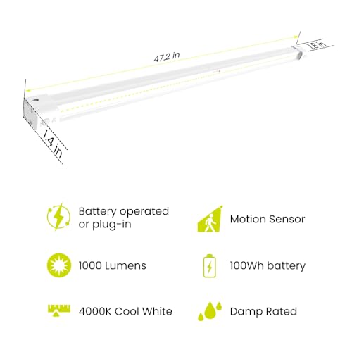 Feit Electric 4ft Rechargeable LED Shop Light, 7.5W, Motion Sensor, Magnetic & Flush Mount, 4000K Cool White, 1000 Lumens, No-Humming Utility Light for Garage & Workshop, SHOP4/840/100/MOTBAT - size: 4FT., style: 100 Watt-Hours