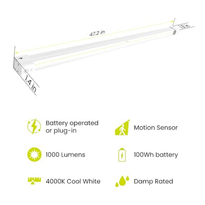 Feit Electric 4ft Rechargeable LED Shop Light, 7.5W, Motion Sensor, Magnetic & Flush Mount, 4000K Cool White, 1000 Lumens, No-Humming Utility Light for Garage & Workshop, SHOP4/840/100/MOTBAT - size: 4FT., style: 100 Watt-Hours