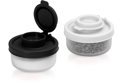 SIGNORAWARE Salt and Pepper Shakers Moisture Proof Set of 2 Small Mini Salt Shaker to go Camping Picnic Outdoors Kitchen Lunch Boxes Travel Spice Set Clear with Red Covers Plastic Airtight Dispenser - color: Black/White