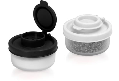 SIGNORAWARE Salt and Pepper Shakers Moisture Proof Set of 2 Small Mini Salt Shaker to go Camping Picnic Outdoors Kitchen Lunch Boxes Travel Spice Set Clear with Red Covers Plastic Airtight Dispenser - color: Black/White