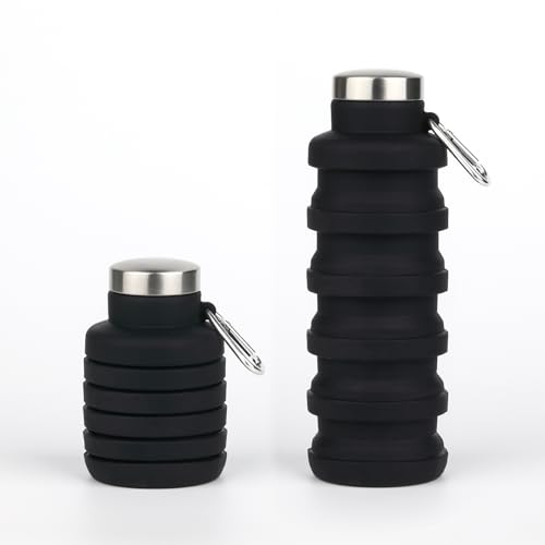 Collapsible Water Bottles,16oz Capacity Portable Reusable Silicone Water Bottle,Leak-proof,with buckle,foldable storage,Lightweight Durable for Fitness,Cycling,Sports,Camping,Hiking，Deep Black - color: black