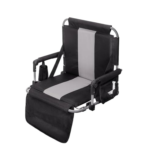 GREEN PARTY Stadium Seat for Bleachers Portable Outdoor Floor Folding Stadium Chair with Armrest, Back Support, Cup Holder, Mesh Bag and Hide Hooks - color: Black Grey