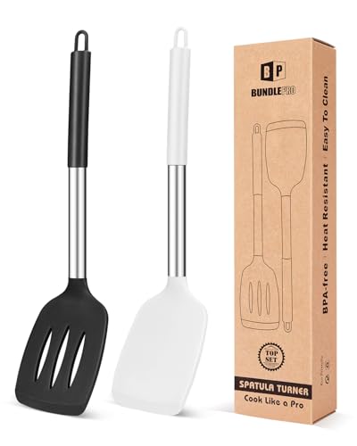 Pack of 2 Silicone Solid Turner, Non Stick Slotted Kitchen Spatulas, High Heat Resistant BPA Free Cooking Utensils, Ideal Cookware for Fish, Eggs, Pancakes(Black-White) - color: Black-White