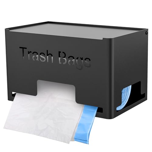STWWO Large Trash Bag Holder Dispenser, Metal Garbage Bag Dispenser Roll Holder, Kitchen Trash Storage Organizer for Under Sink, Wall Mounted or Freestanding, Black - color: Black, size: 1 Pack-L (10"x6"x6")
