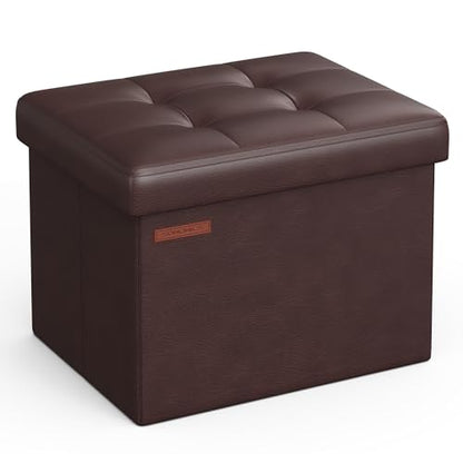 SONGMICS Small Folding Storage Ottoman, Foot Rest Stool, Cube Footrest, Synthetic Leather, 12.2 x 16.1 x 12.2 Inches, 286 lb Capacity, for Living Room, Bedroom, Dorm, Chestnut Brown ULSF100K02 - color: Chestnut Brown, style: Synthetic Leather