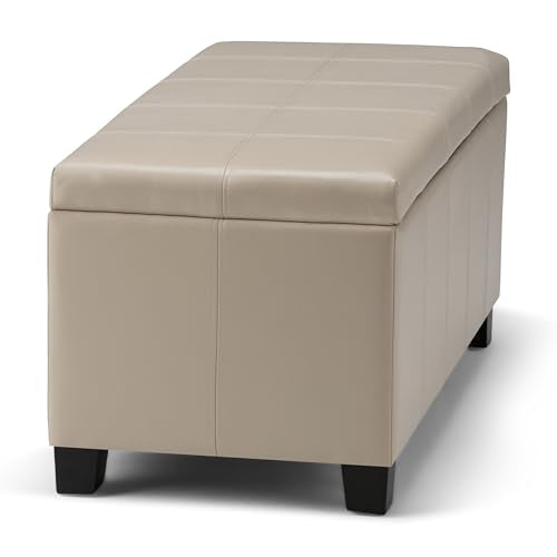 SIMPLIHOME Dover Storage Ottoman Bench - 36 inch Wide Upholstered Vegan Leather Rectangular Lift-Top Ottoman in Satin Cream, Contemporary Bench for Living Room with Safety Hinges - color: Satin Cream