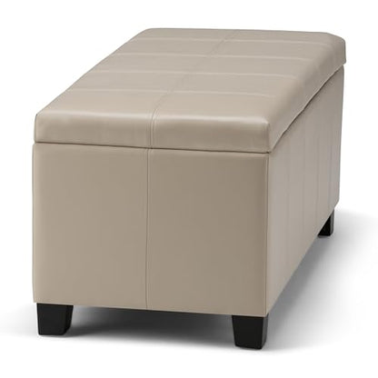 SIMPLIHOME Dover Storage Ottoman Bench - 36 inch Wide Upholstered Vegan Leather Rectangular Lift-Top Ottoman in Satin Cream, Contemporary Bench for Living Room with Safety Hinges - color: Satin Cream