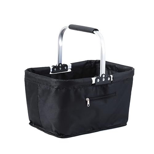Collapsible Picnic Basket Foldable 26L Oxford Fabric Shopping Basket 17" x 10" x 9" Size with Aluminum Frame Portable (Black) - color: Black