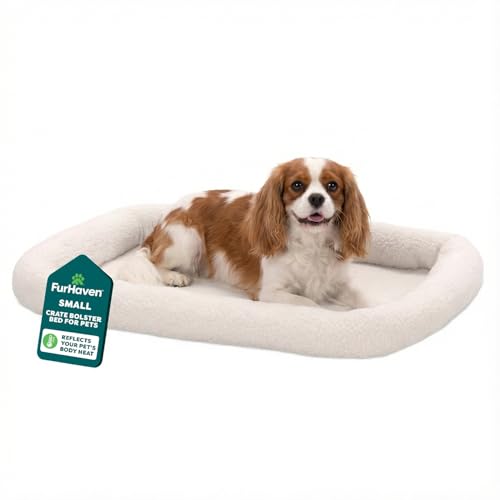 FurHaven Dog Bed for Small Dogs & Cats, Bolster Crate Pad with Soft Supportive Base for Carriers & Kennels, Machine Washable, Small, Sherpa Fleece, Cream - color: Cream, size: Small