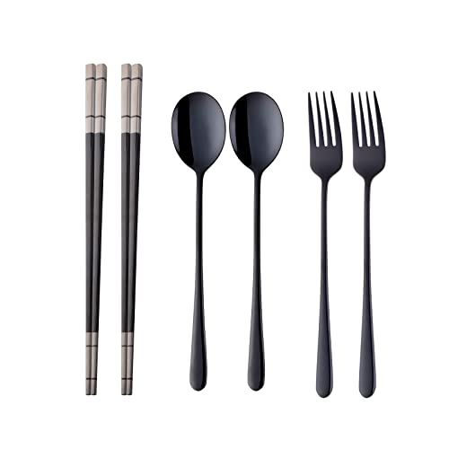 Buyer Star Stainless Steel Korean Chopsticks Spoons and Fork Set, 2 Pack Reusable Forks and Spoons Silverware Korean Utensil Set, Portable Utensils Dinnerware for Home (Black) - color: Black