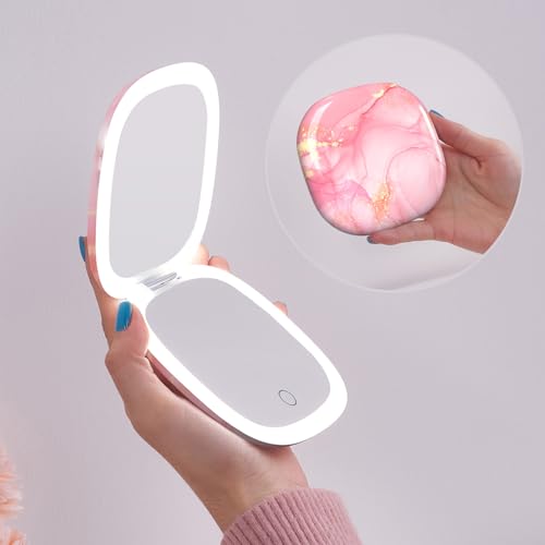 Mocado Compact LED Travel Makeup Mirror - 4 Inches 1X/10X Magnification Travel Mirror with Light Dimmable Double Sides Lighted USB Rechargeable Compact Mirror for Purse,Pocket,Travel(Pink Marble) - color: Pink Marble