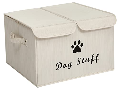 Large Dog Toys Storage Box Canvas Storage Basket Bin Organizer with Lid - Collapsible Linen Bin Ideal for Organizing Dog Cat Toys and pet Stuff-PP Boad-17" x 12" x 10" - Slub Beige - color: Slub beige